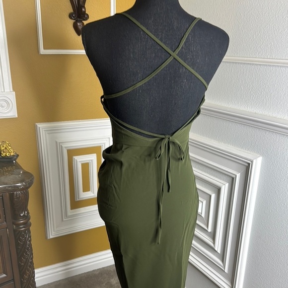 Elegant Olive Green Ruched Dress - Picture 7 of 9